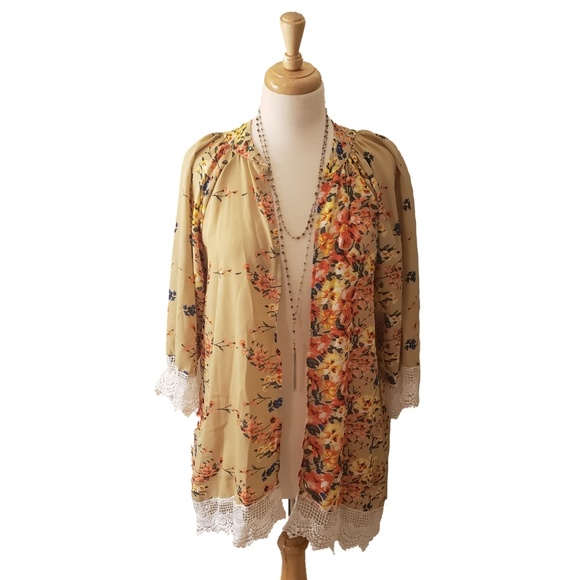 Tops - Floral Kimono with Lace Trim